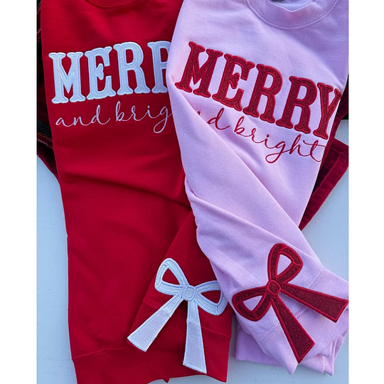 Merry and Bright Embroidered Bow Sweatshirt - Side Bow Applique Sweatshirt 