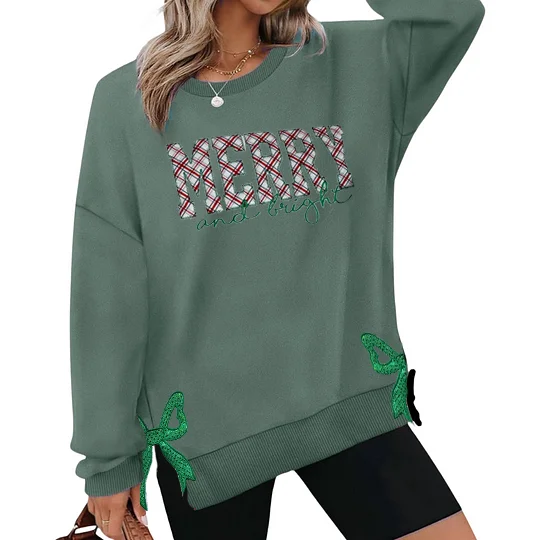 MERRY AND BRIGHT, SIDE BOW APPLIQUE EMBROIDERED SWEATSHIRT 