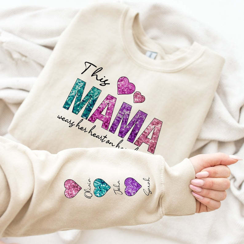 Mama Wears Her Heart Sweatshirt, Custom Name Shirt, Heart On Sleeve Tee
