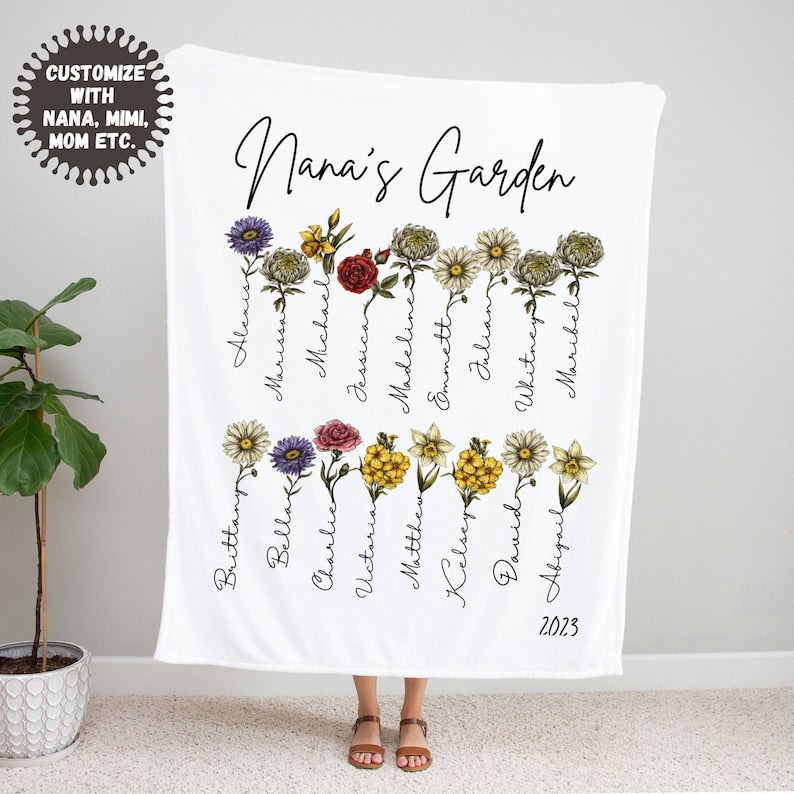 Custom Grandma’s Garden Blanket, Birth Month Flower Blanket, Gift for Grandma