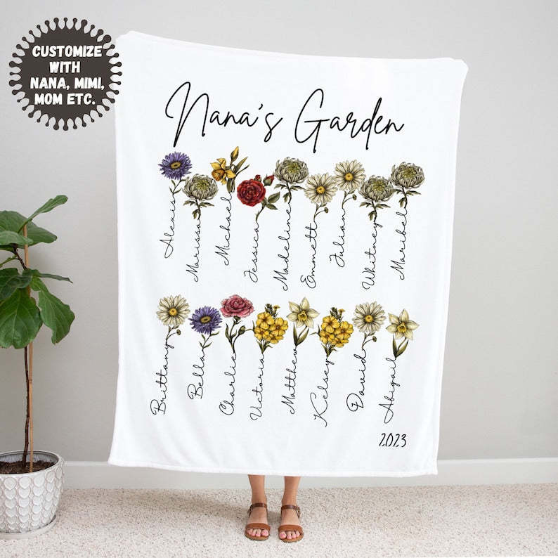 Custom Grandma’s Garden Blanket, Birth Month Flower Blanket, Gift for Grandma
