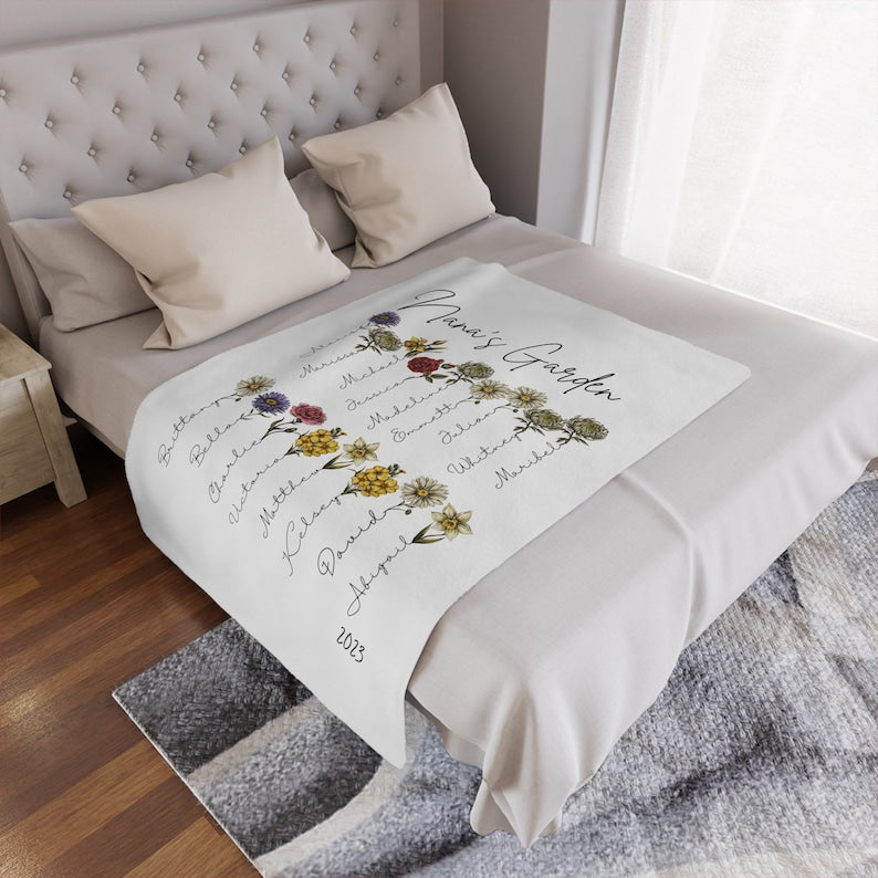 Custom Grandma’s Garden Blanket, Birth Month Flower Blanket, Gift for Grandma