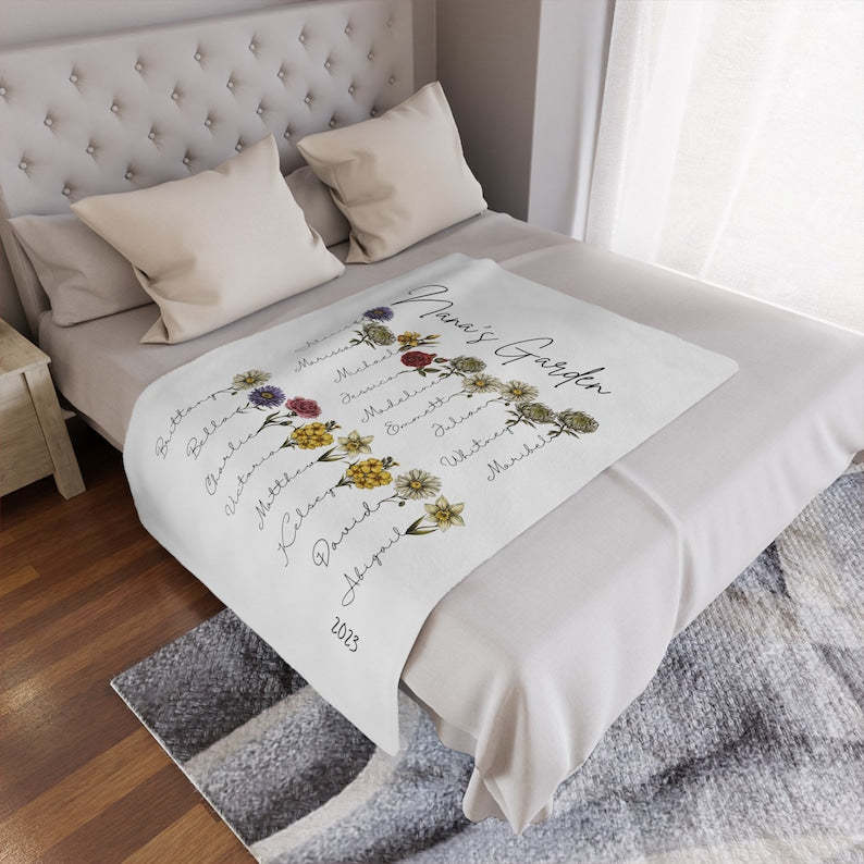 Custom Grandma’s Garden Blanket, Birth Month Flower Blanket, Gift for Grandma
