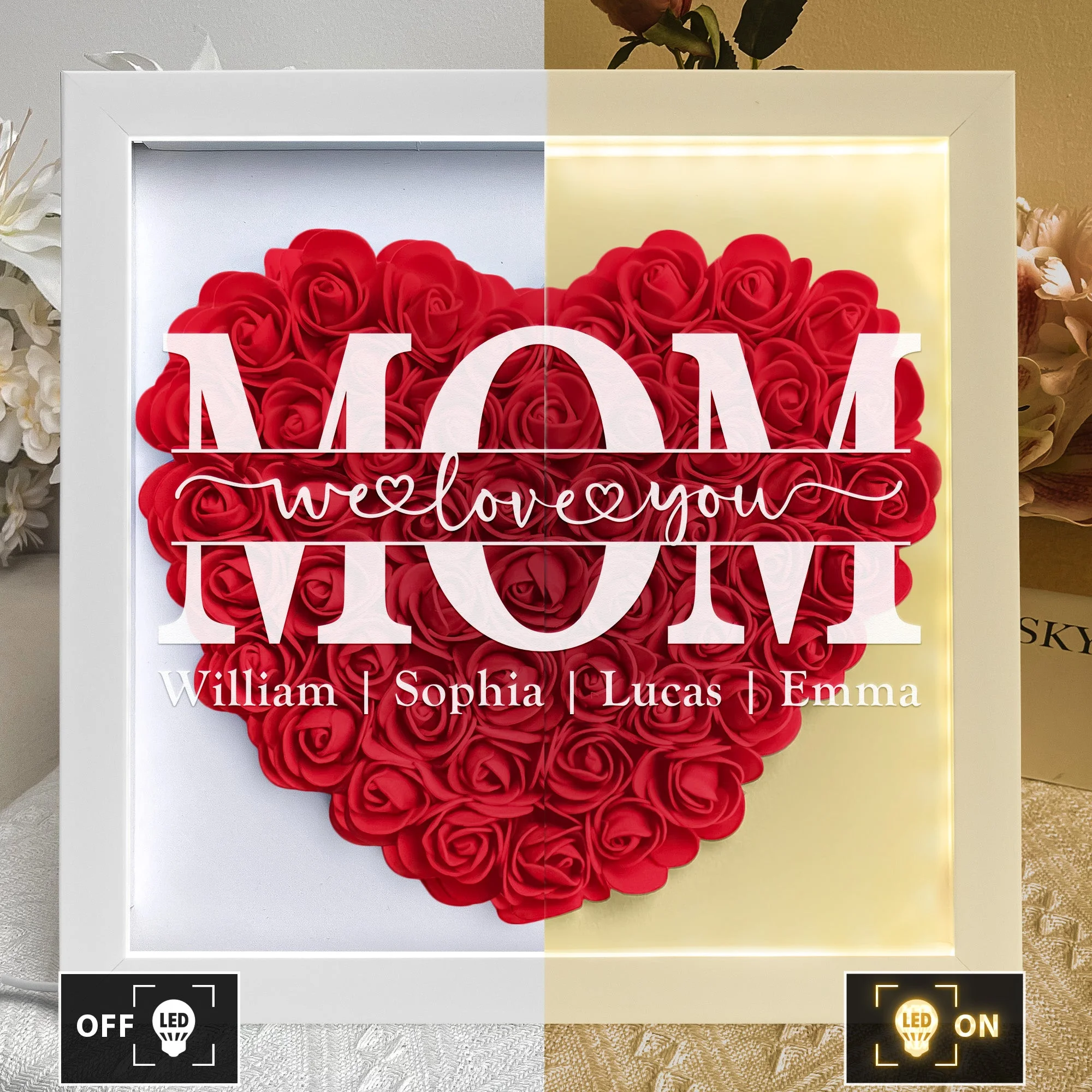 We Love You Mom - Personalized Flower Shadow Box With LED Light