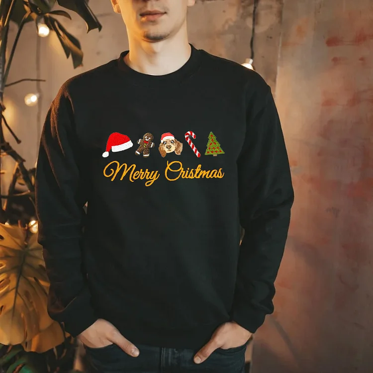 Custom Pet Dog Embroidered Christmas Sweatshirt, Merry Christmas Gingerbread Snowman Crewneck