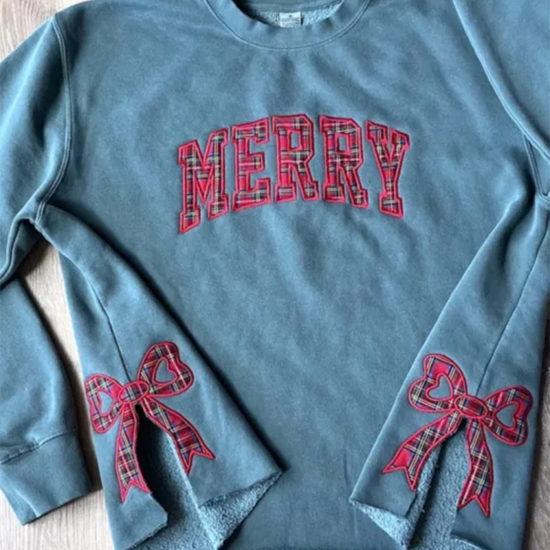 Merry Side Bow Cut-Out Sweatshirt, Plaid Christmas Pullover, Trendy Coquette Bow