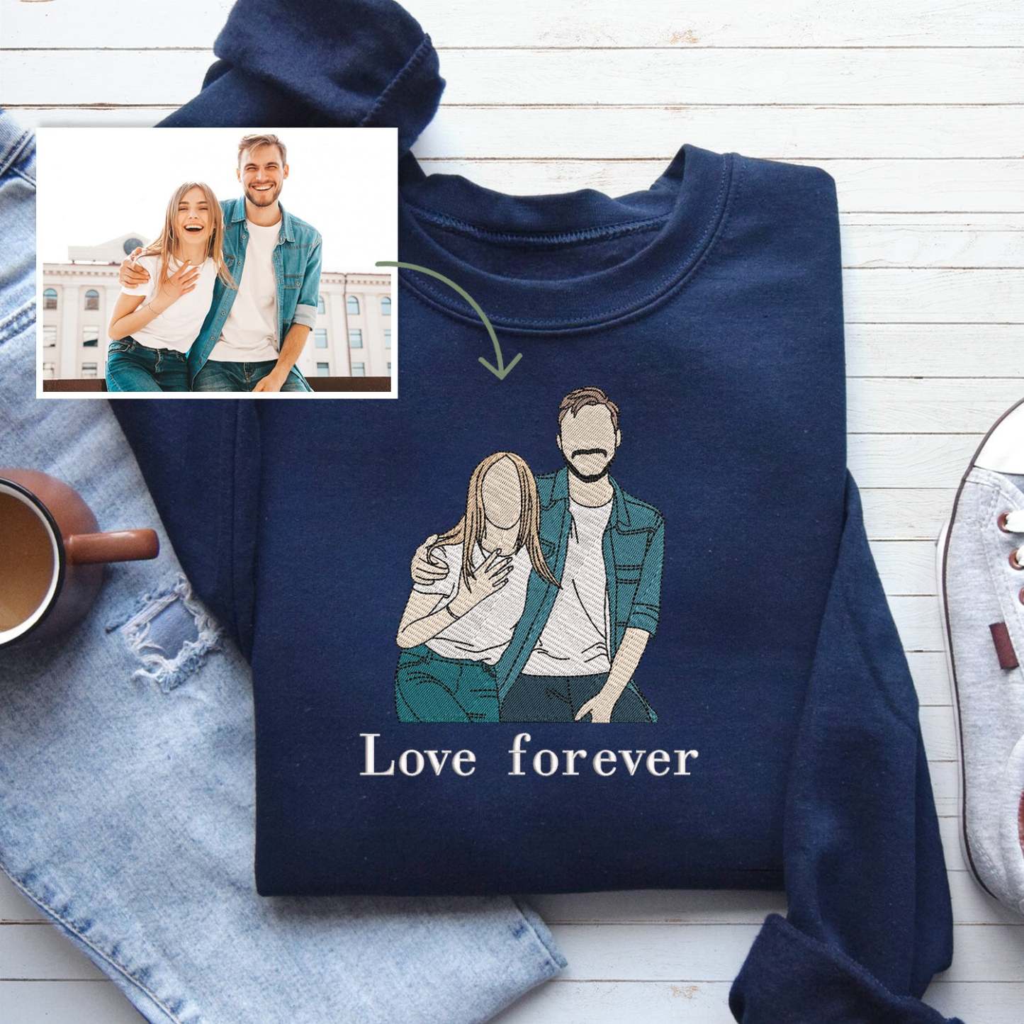 Couple photo Embroidery Sweatshirt, Embroidered gift for couple, Valentine Personalized, First Anniversary Gift