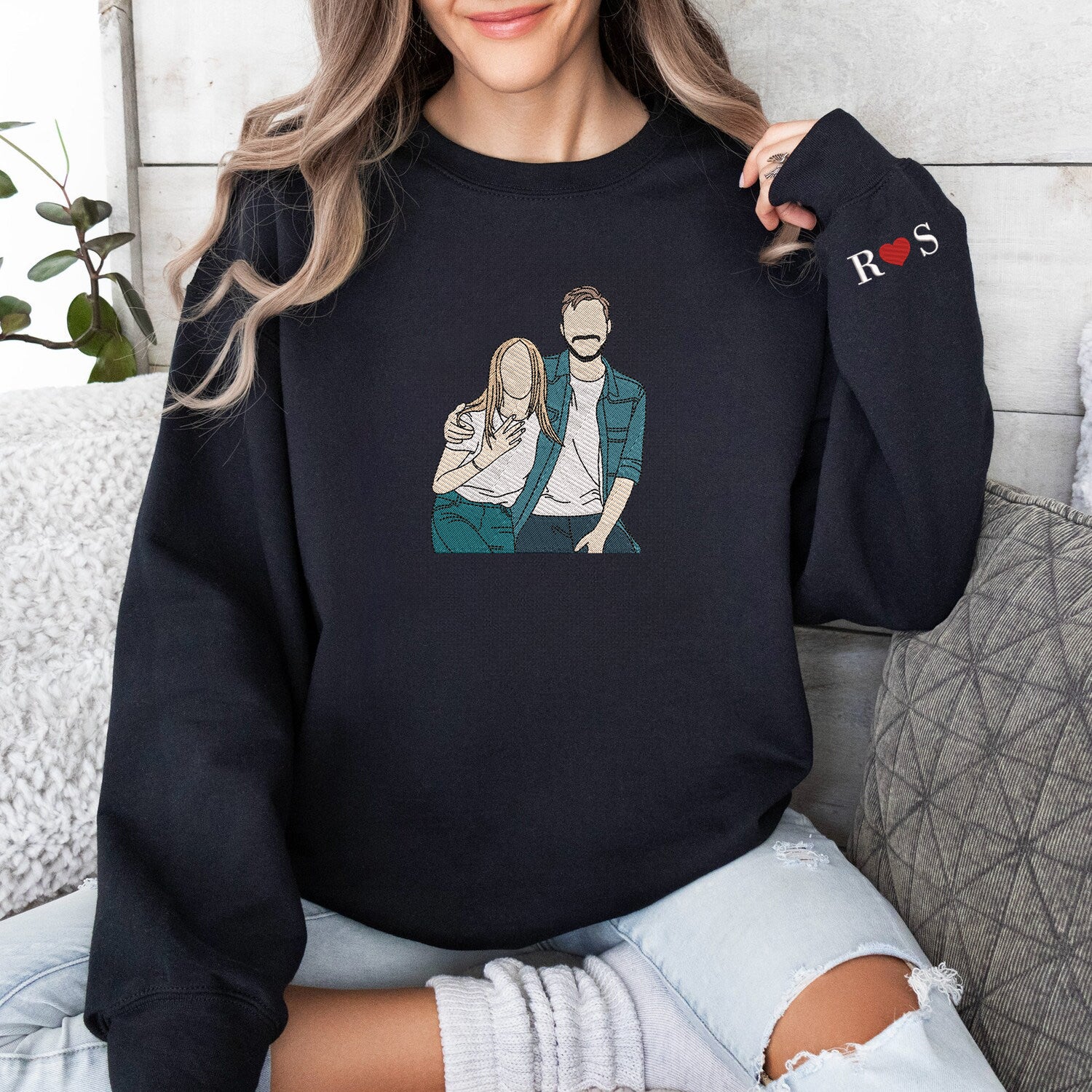 Couple photo Embroidery Sweatshirt, Embroidered gift for couple, Valentine Personalized, First Anniversary Gift