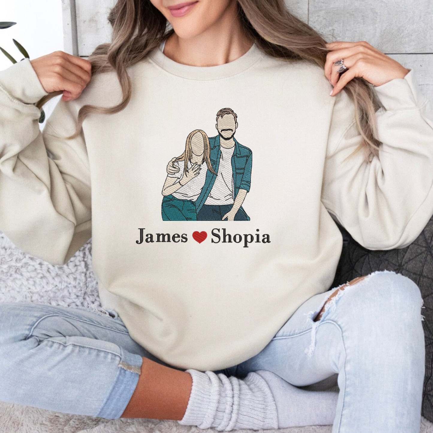 Couple photo Embroidery Sweatshirt, Embroidered gift for couple, Valentine Personalized, First Anniversary Gift