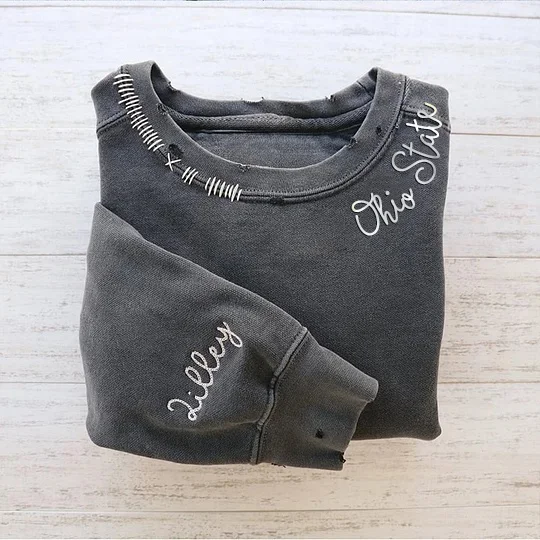 Custom Embroidered Hand Distressed Crew Neck Sweatshirt Colorful embroidery Style