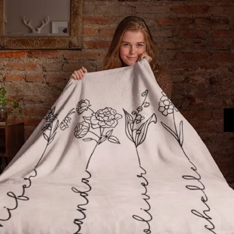 Custom Blanket Birth Month Flower, Wildflower Birthday Gift for Mom, Grandma