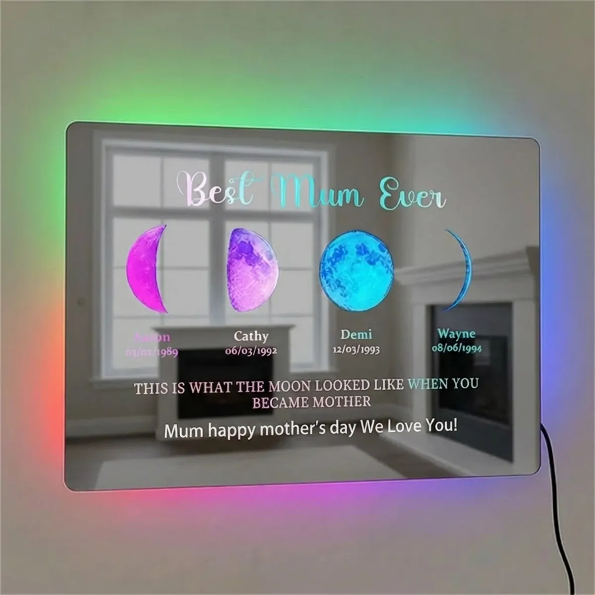 Custom Led Mirror Light Frame with text and date - mommy's moons