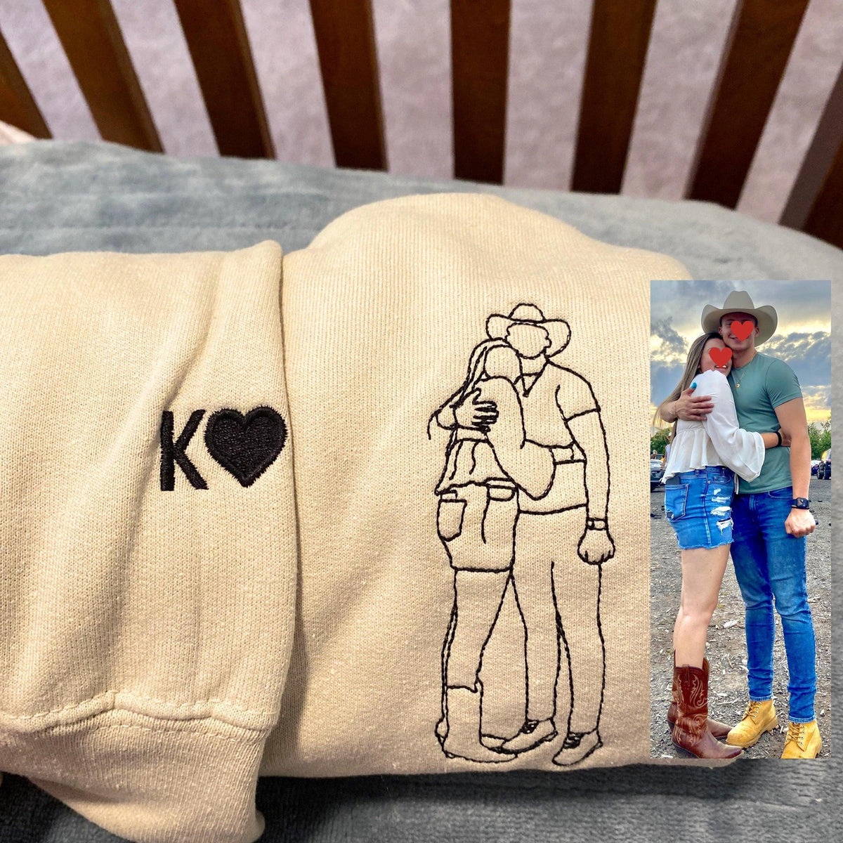 Custom Embroidered Hoodies for Couples – Matching Outline Portrait from Photo