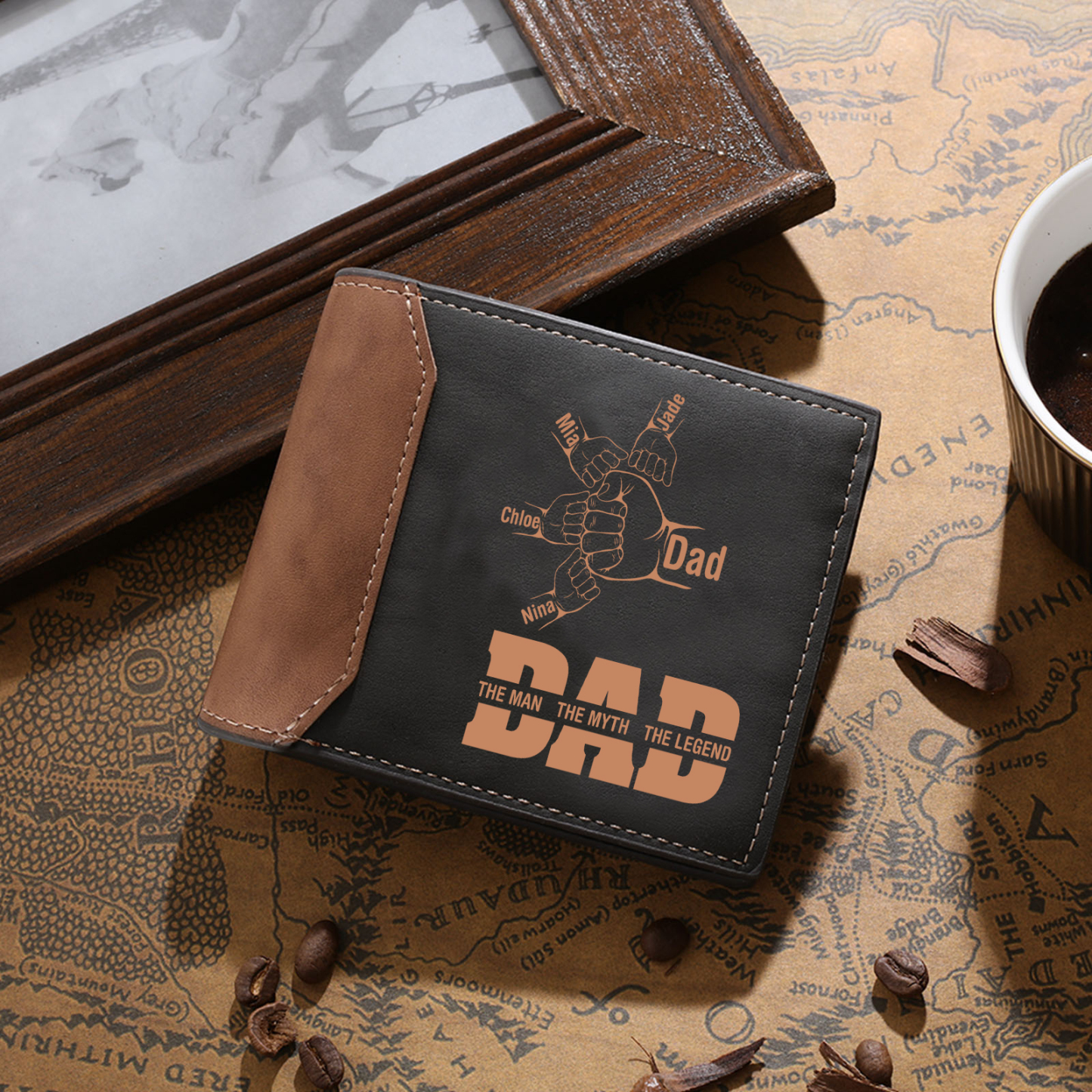 Personalised Men's Leather Wallet Custom 2–9 Names Billfold Wallet Fist Bump Gift for Dad - The Man, The Myth, The Legend