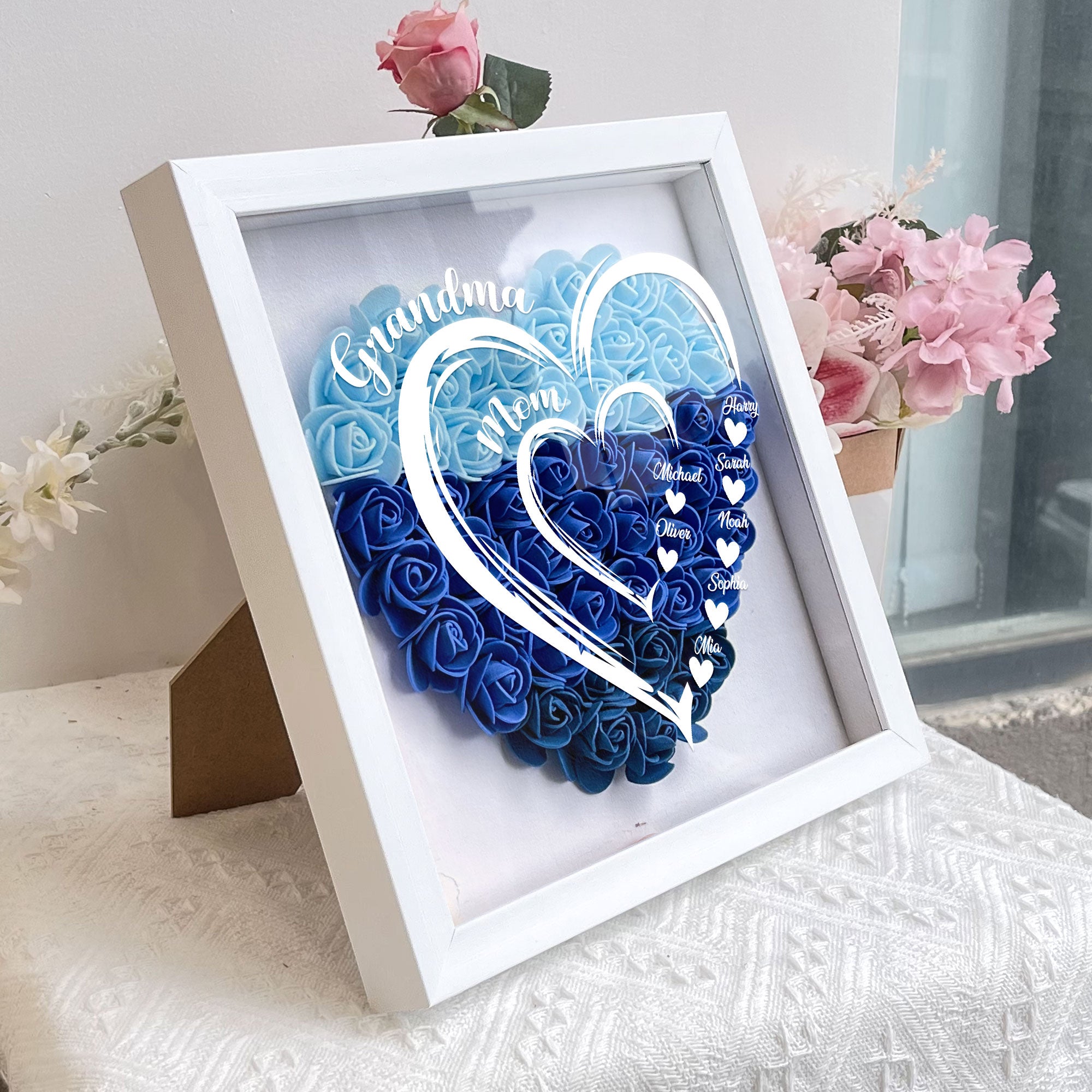 Grandma Hearts Mum Hearts - Personalized Flower Shadow Box