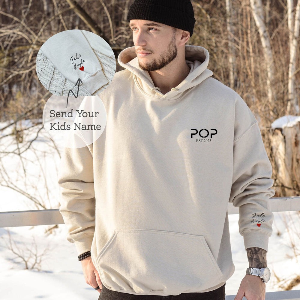 Personalised POP DAD EST Sweatshirt with Kids' Names on Sleeve Father's Day Gift