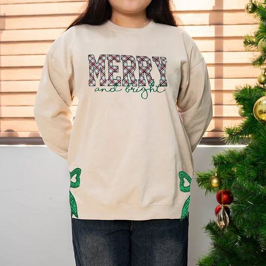 MERRY AND BRIGHT, SIDE BOW APPLIQUE EMBROIDERED SWEATSHIRT 