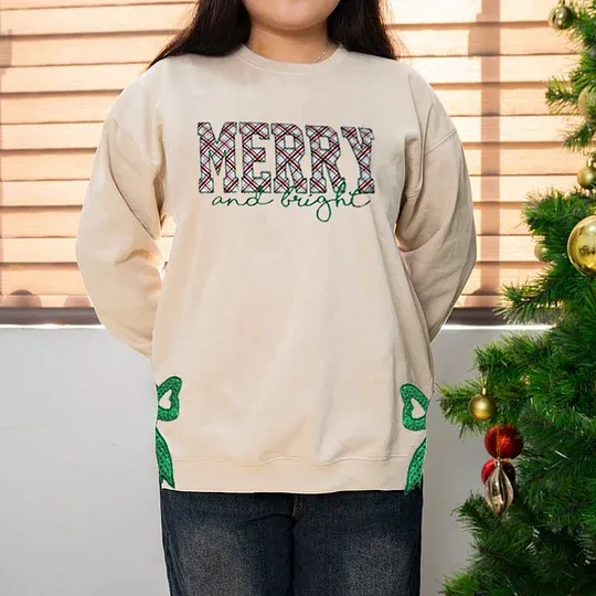 MERRY AND BRIGHT, SIDE BOW APPLIQUE EMBROIDERED SWEATSHIRT 