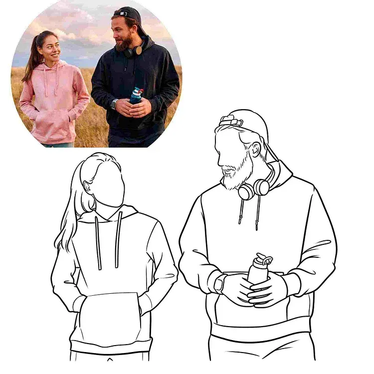 Custom Embroidered Hoodies for Couples – Matching Outline Portrait from Photo