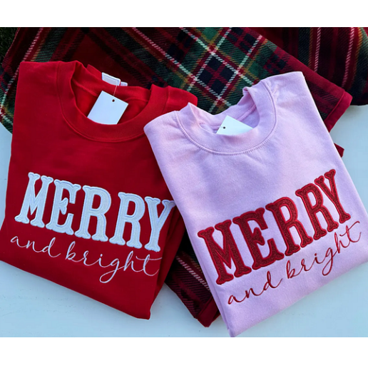 Merry and Bright Embroidered Bow Sweatshirt - Side Bow Applique Sweatshirt 