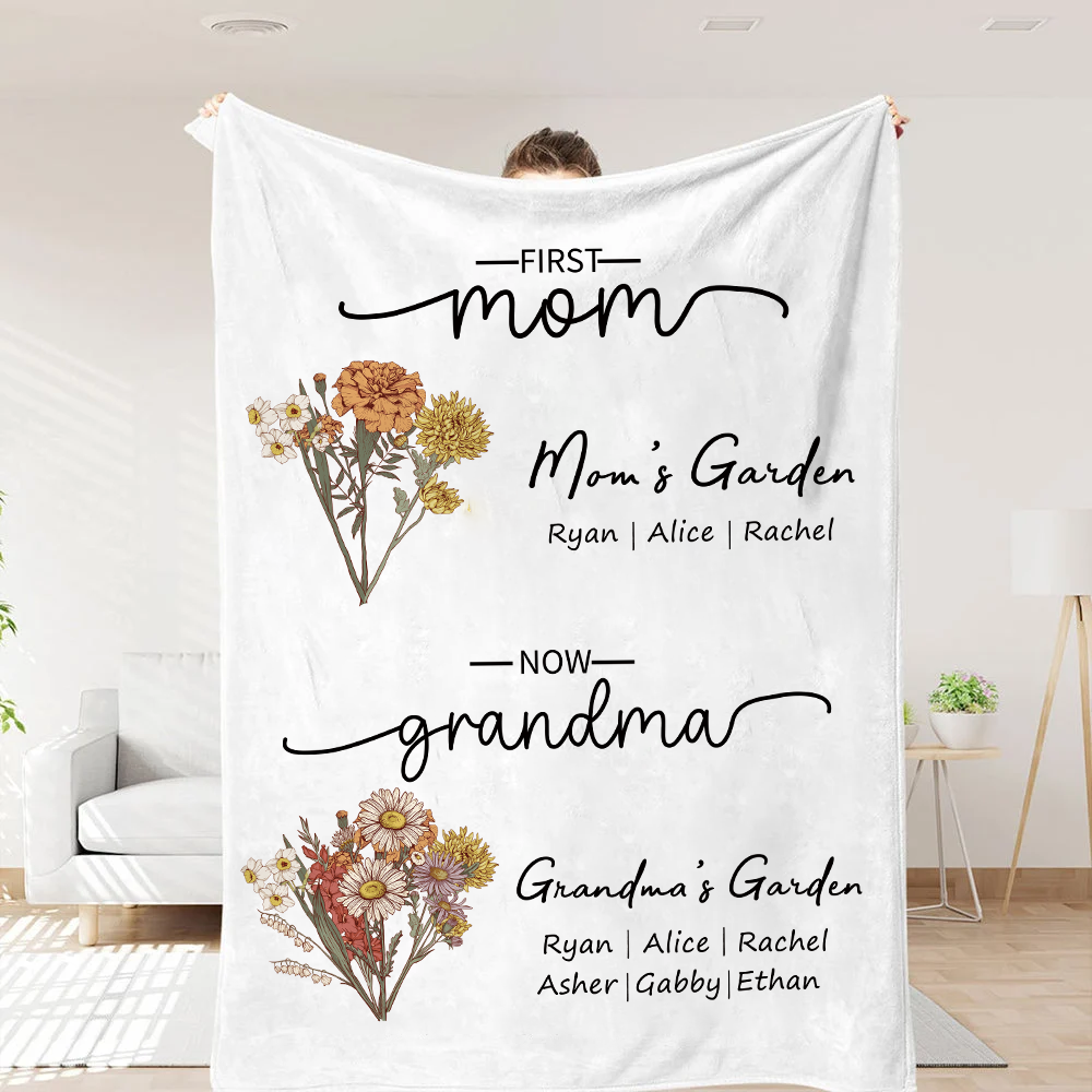 First Mom Now Grandma - Family Personalized Custom  Flower Blanket