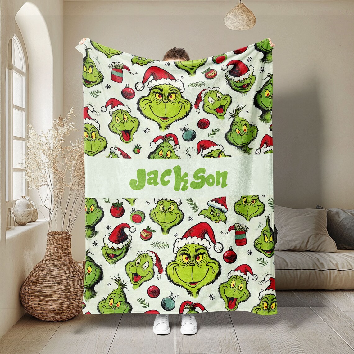 Custom Christmas Checkered Anime Cartoon Throw Blanket