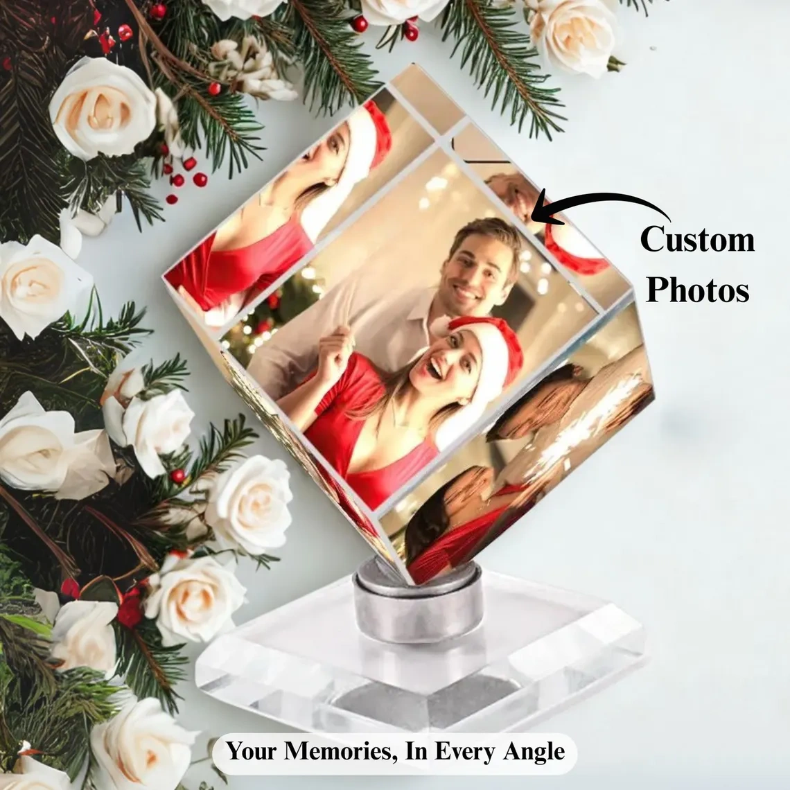 Custom Spinning Photo Keepsake Cube Personalized 3‑Memory Photo Display Unique Anniversary & Couple Gift
