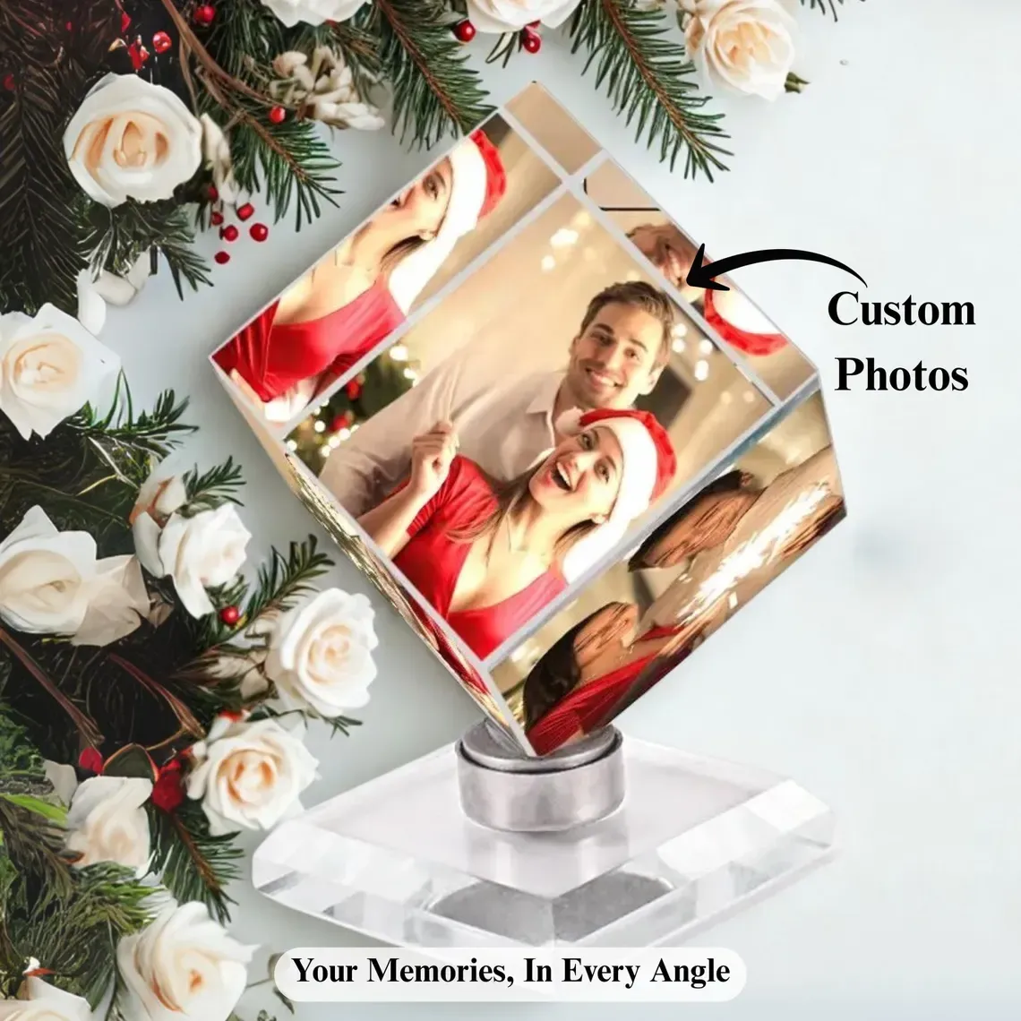 Custom Spinning Photo Keepsake Cube Personalized 3‑Memory Photo Display Unique Anniversary & Couple Gift