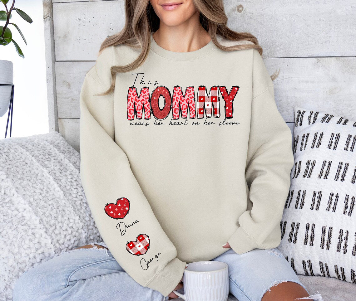 Custom This Mom Wears Her Heart On Her Sleeve Sweatshirt  Shirt with Names On Sleeve