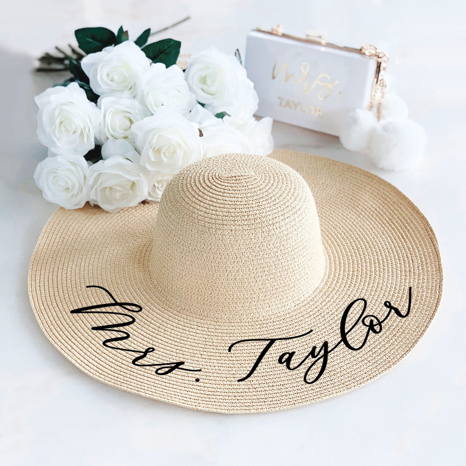 Custom Bride Sun Hat - Summer Bride Gift Idea - Bachelorette Party Hat - Bride Beach Hat - White Floppy Hat for Honeymoon