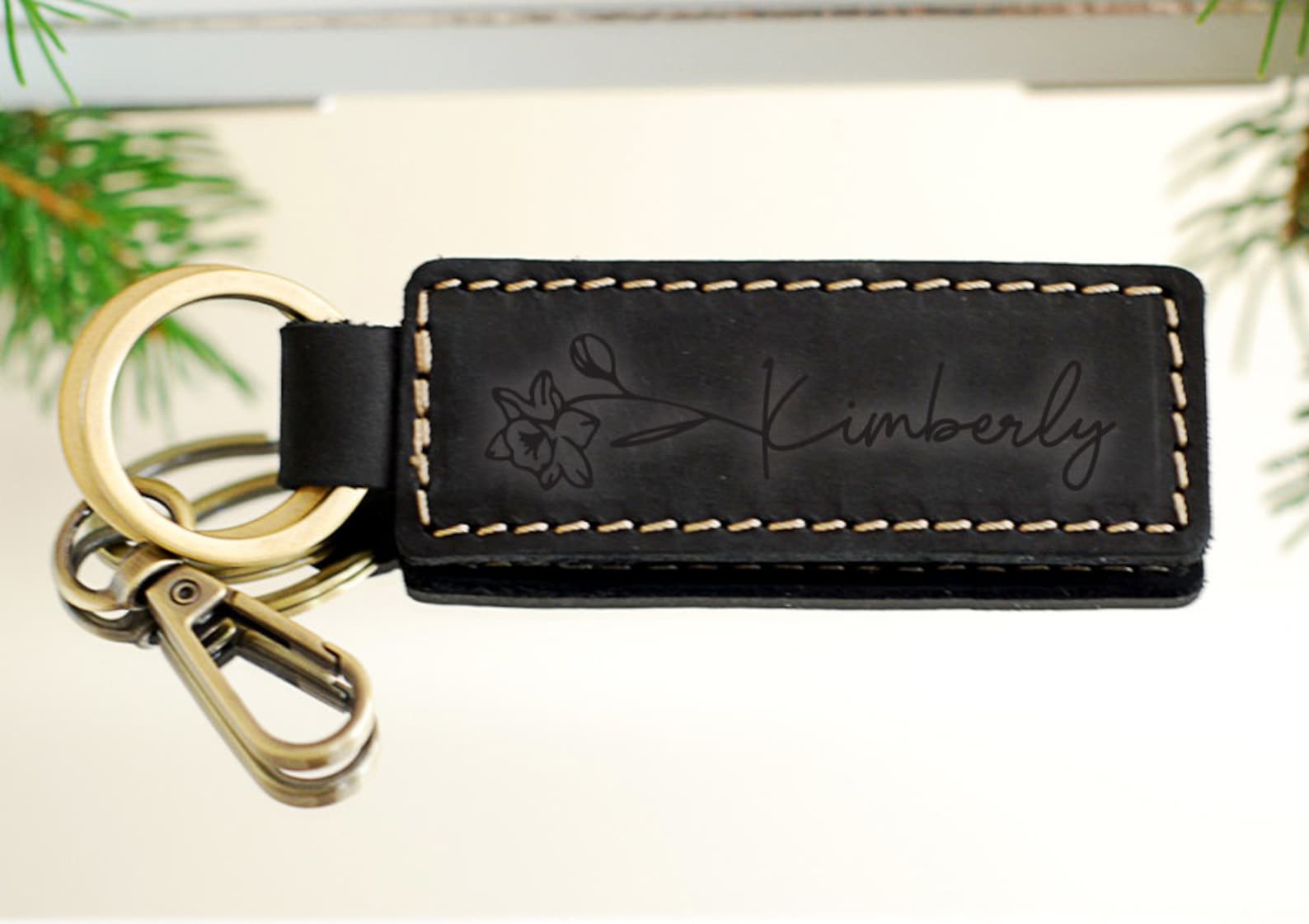 Custom Name Birth Flower Keychain, Dainty Keyring