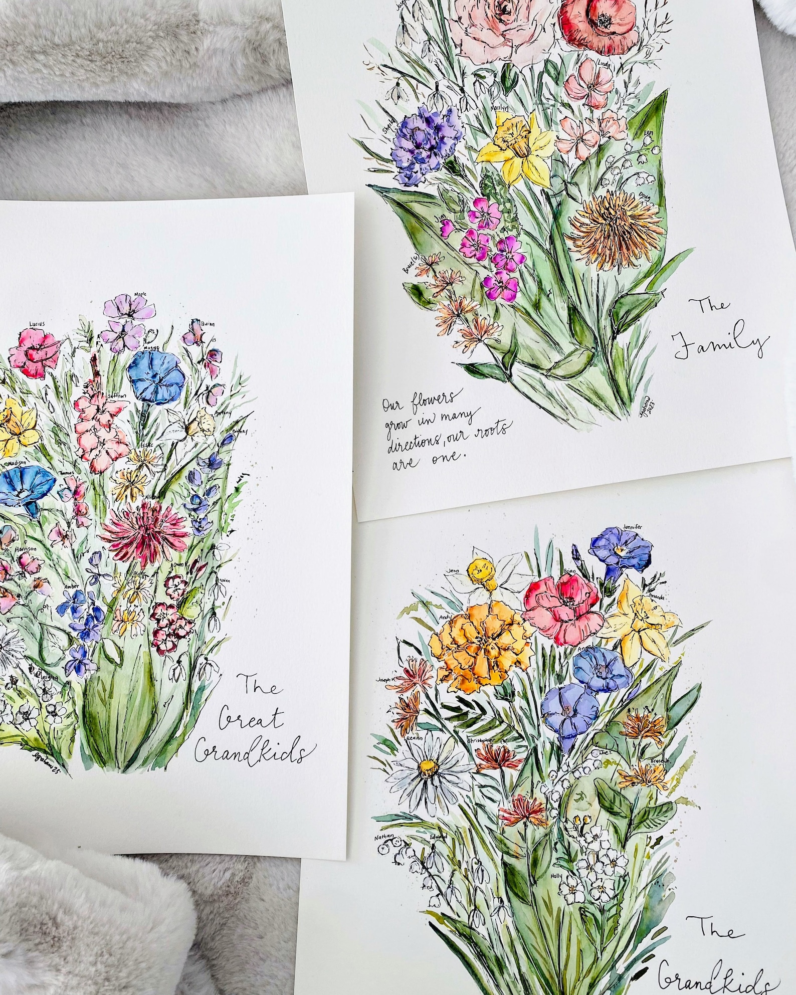 Custom Watercolour Birthday Flower Family Painting