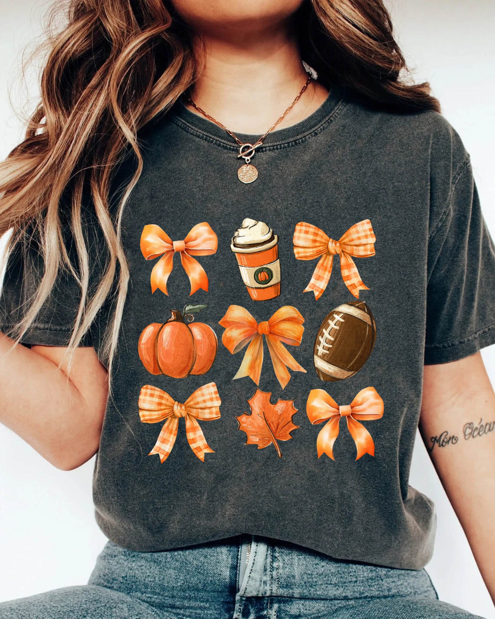 Retro Fall Bow Football Autumn Pumpkin Tee