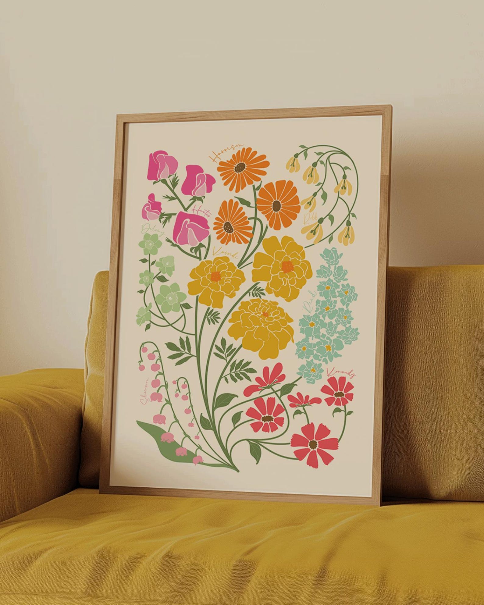 Custom Family Birth Flower Bouquet Artwork | Botanical Boho Minimalist Gift Idea for Mom