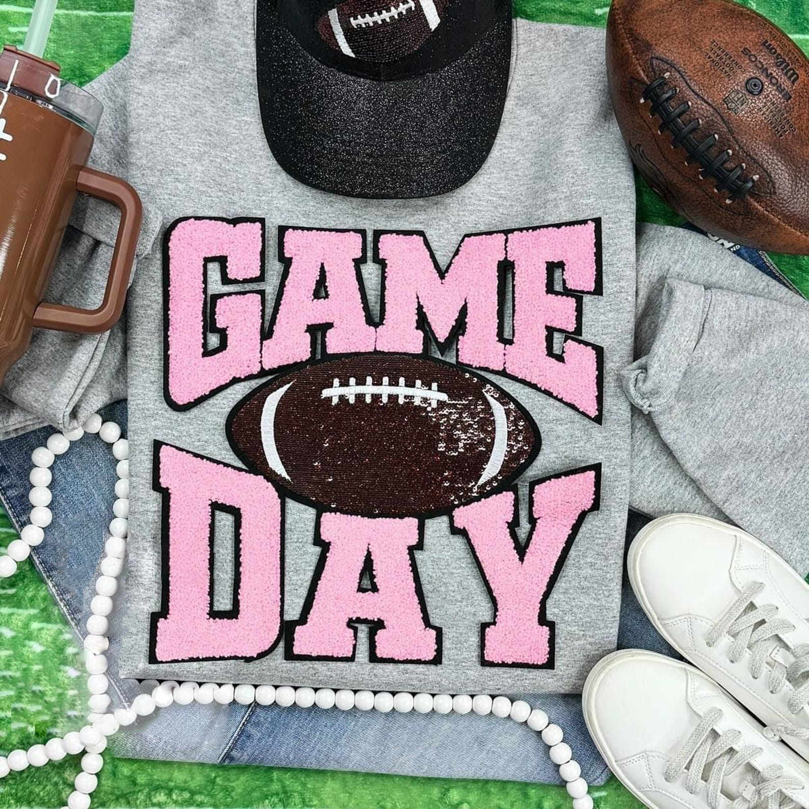 Football Game Day Chenille and Sequin Patch Crewneck Sweatshirt