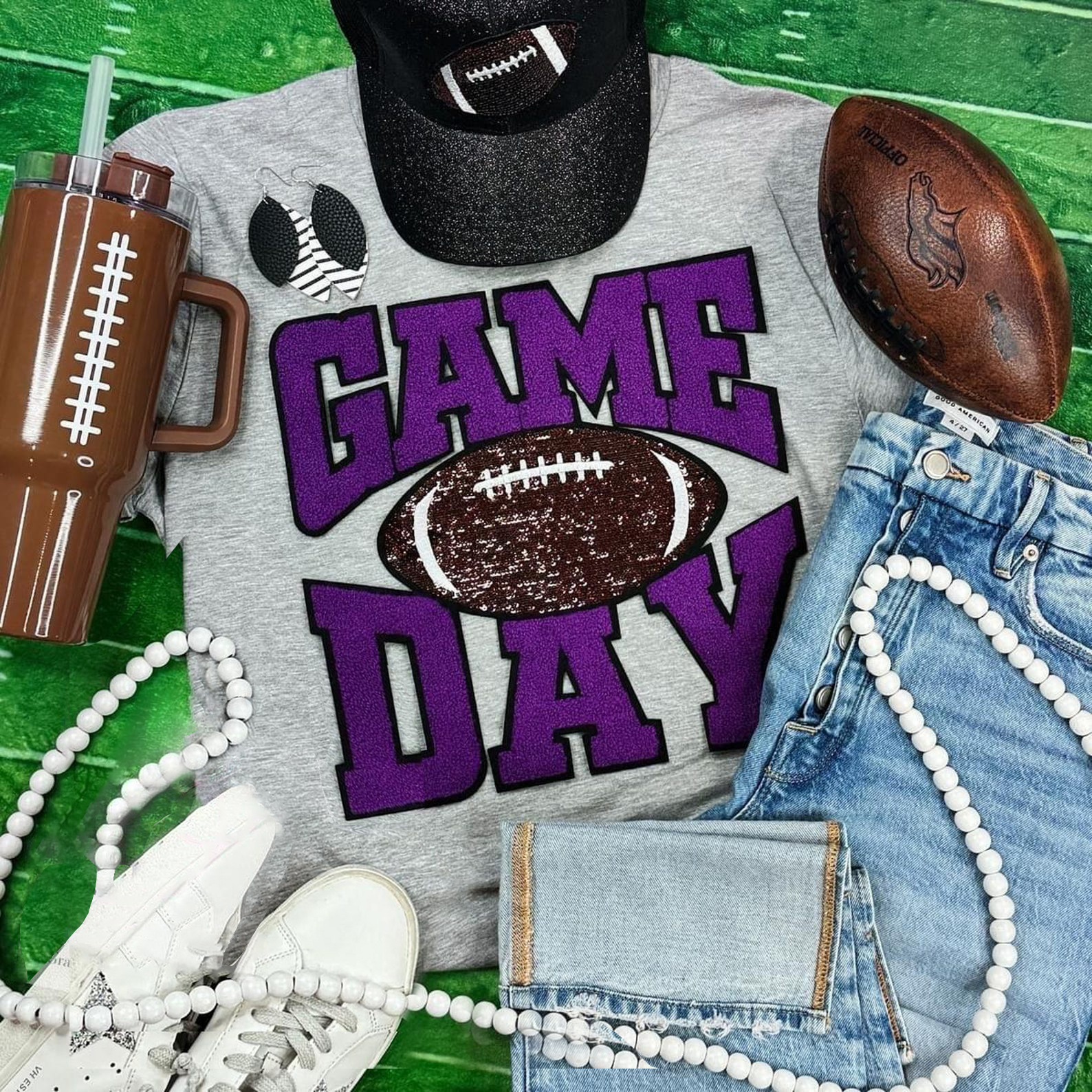 Football Game Day Chenille and Sequin Patch Crewneck Sweatshirt