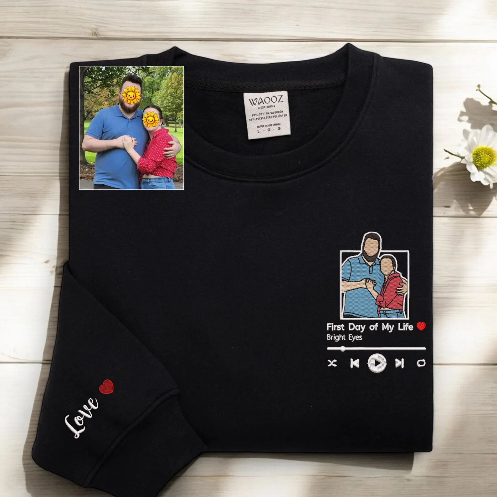 Custom Embroidered Portrait Love Song from Photo Sweatshirt, Valentines Couple Portrait Gift