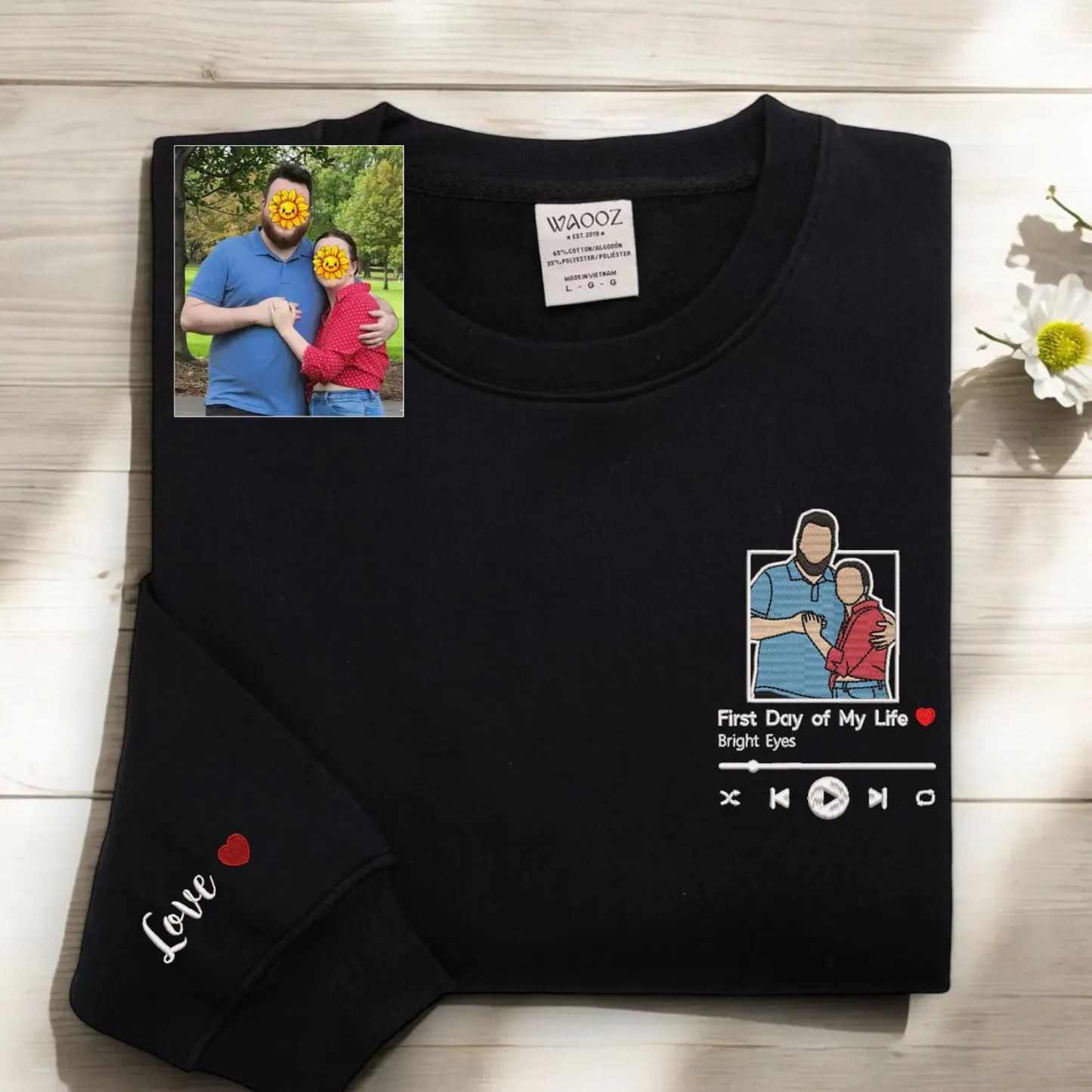 Custom Embroidered Portrait Love Song from Photo Sweatshirt, Valentines Couple Portrait Gift