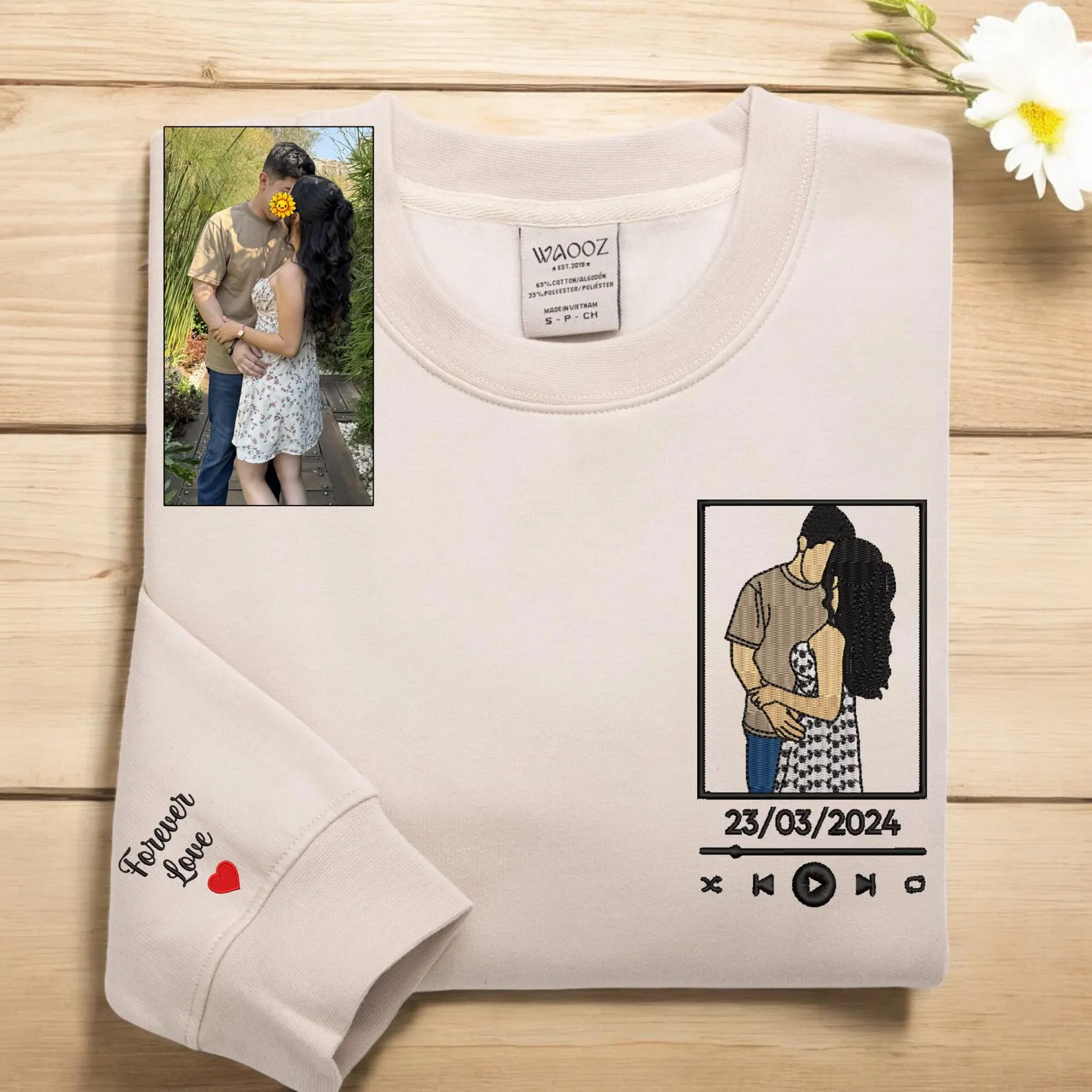 Custom Embroidered Portrait Love Song from Photo Sweatshirt, Valentines Couple Portrait Gift