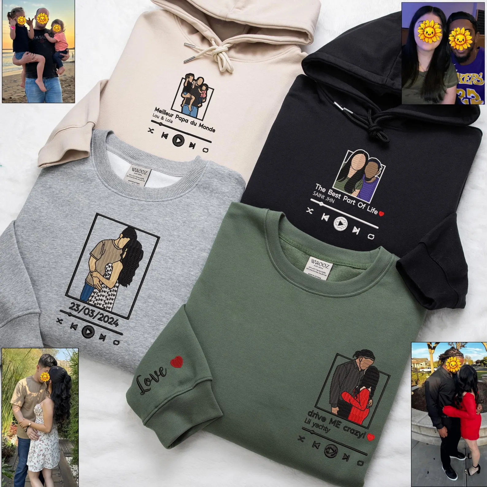 Custom Embroidered Portrait Love Song from Photo Sweatshirt, Valentines Couple Portrait Gift