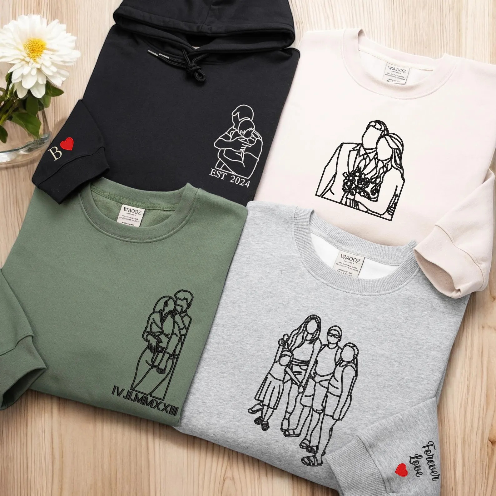 Custom Embroidered Portrait Sweatshirt Hoodie from Photo Gift for Couples Family