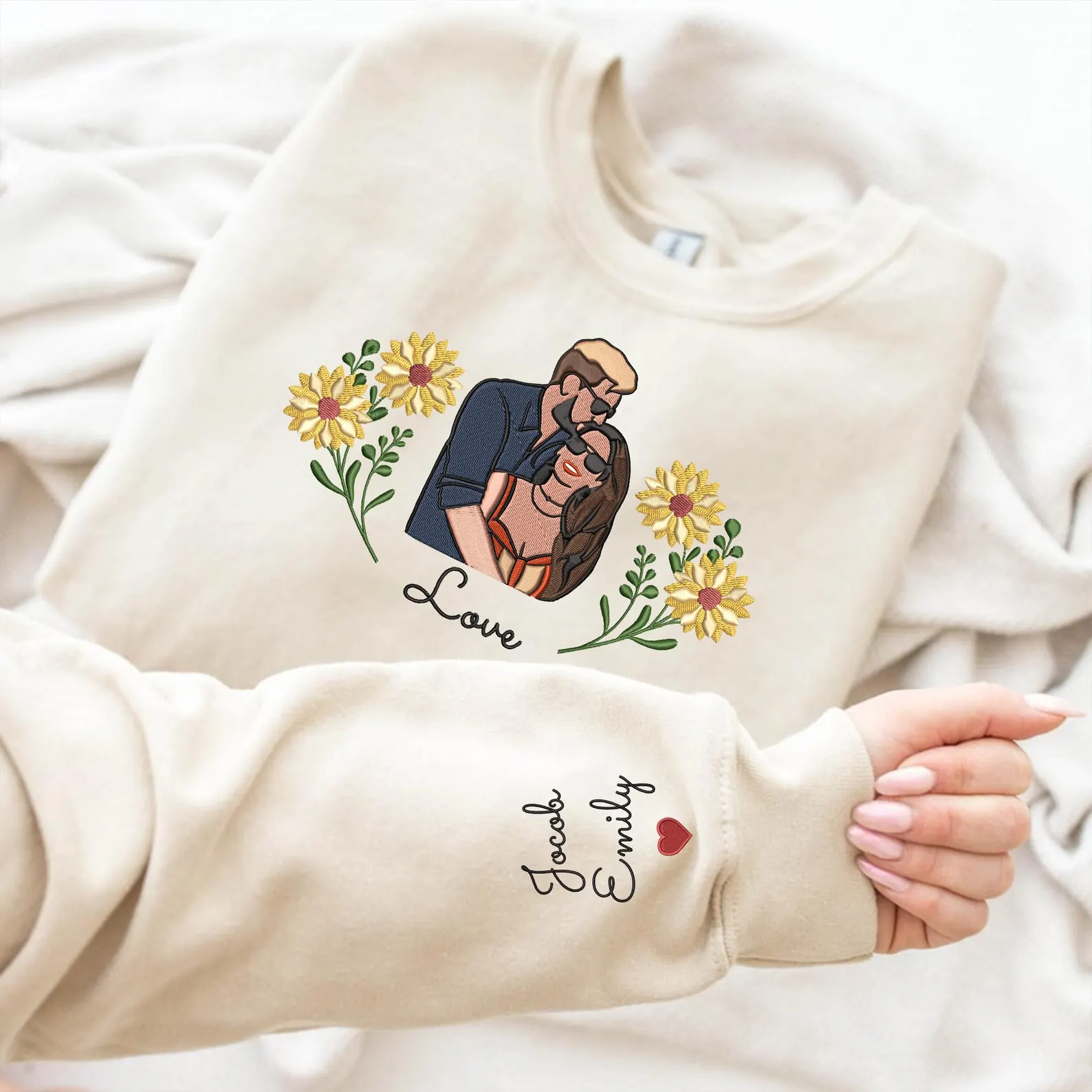 Custom Embroidered Flower Couple Photo Hoodie Valentines Couple Portrait Flower Sweatshirt