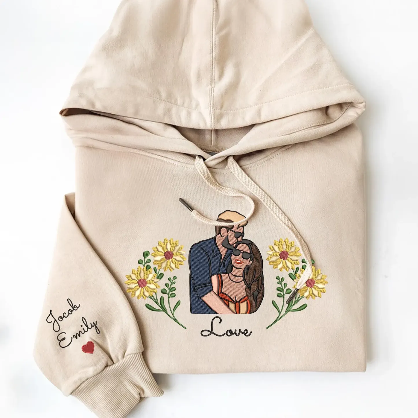 Custom Embroidered Flower Couple Photo Hoodie Valentines Couple Portrait Flower Sweatshirt