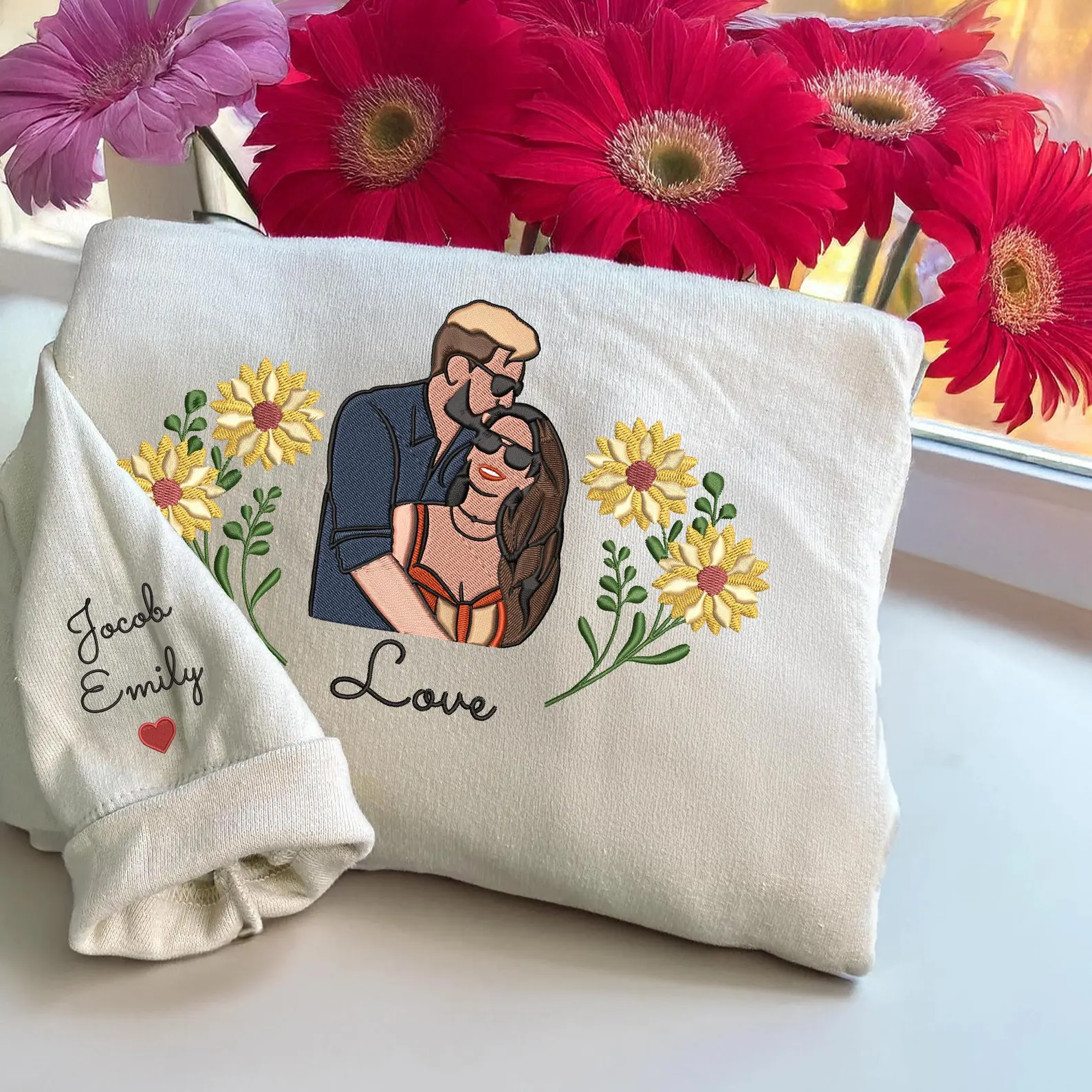 Custom Embroidered Flower Couple Photo Hoodie Valentines Couple Portrait Flower Sweatshirt
