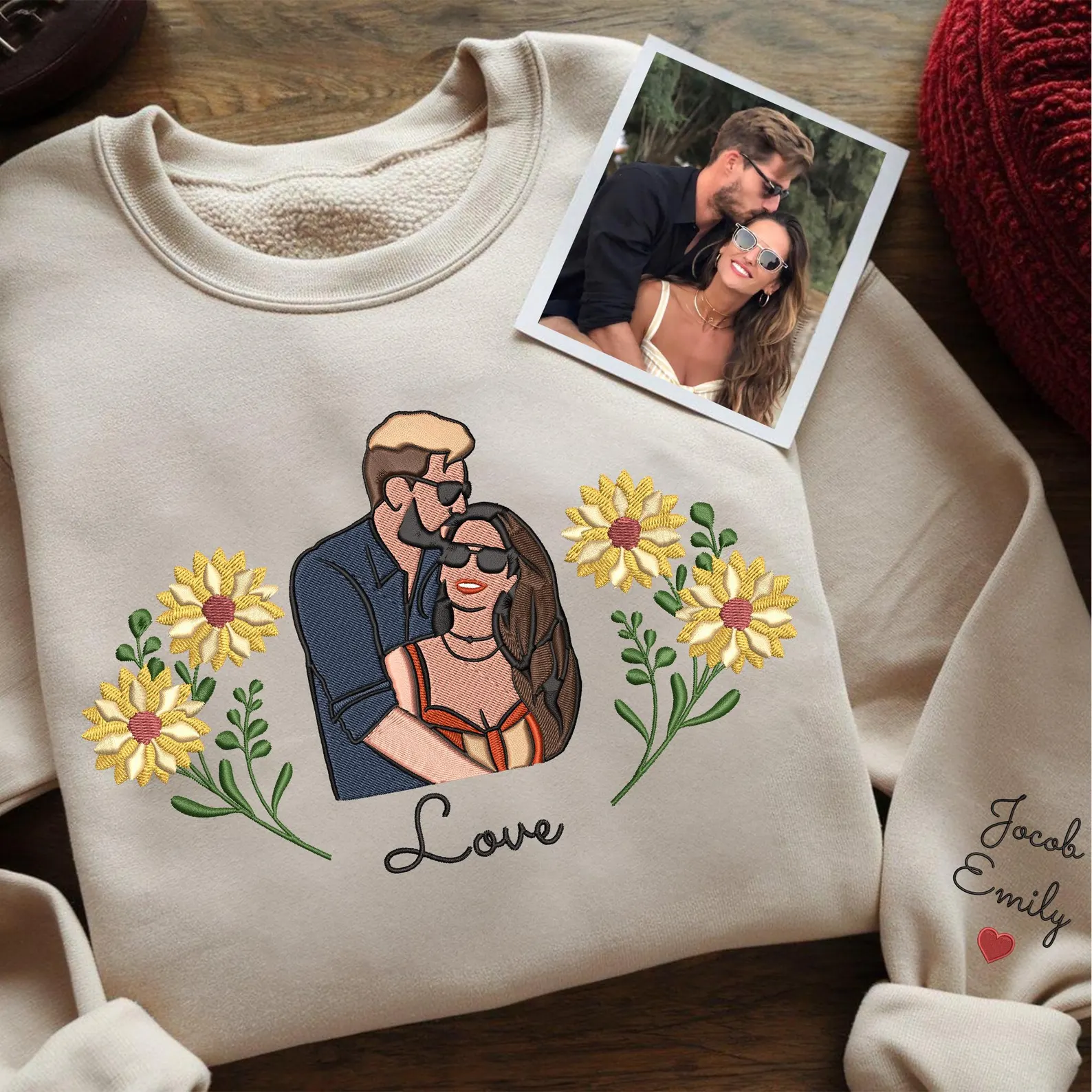 Custom Embroidered Flower Couple Photo Hoodie Valentines Couple Portrait Flower Sweatshirt