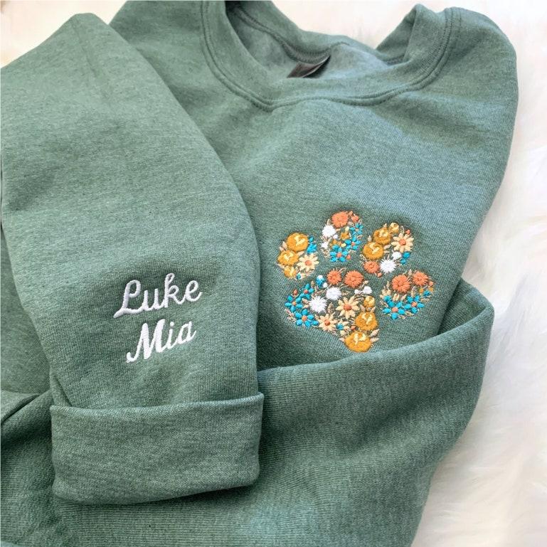 Custom Floral Embroidered Pet Pawprint Sweatshirt