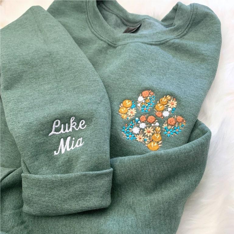 Custom Floral Embroidered Pet Pawprint Sweatshirt
