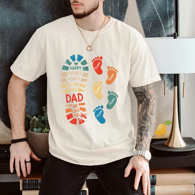 Dad Child Footprints Shirt-Personalized Father Shirt with Kids Names, Gift for Dad