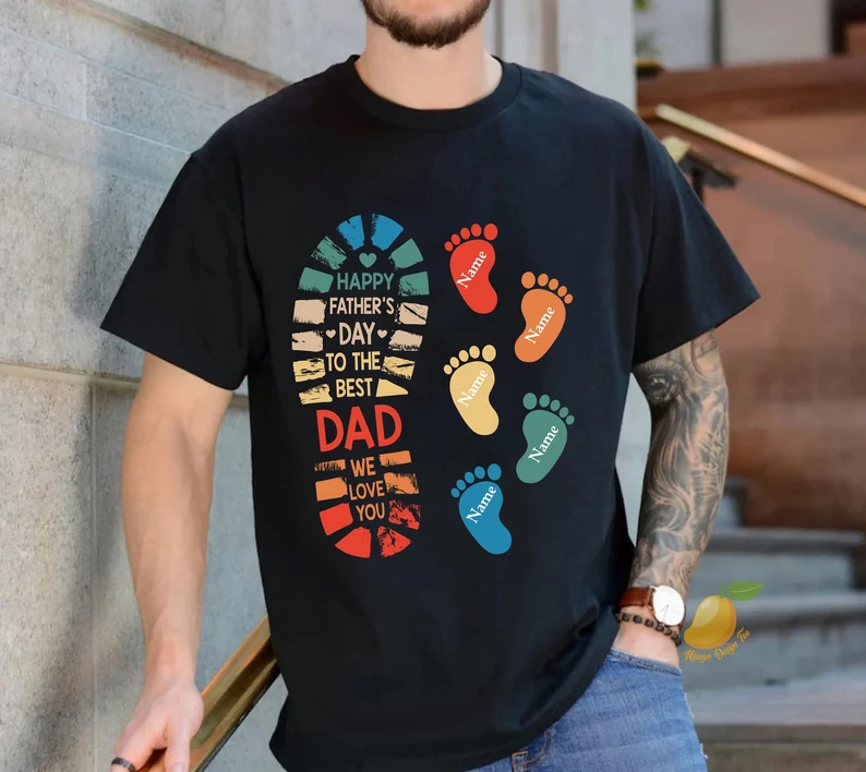 Dad Child Footprints Shirt-Personalized Father Shirt with Kids Names, Gift for Dad
