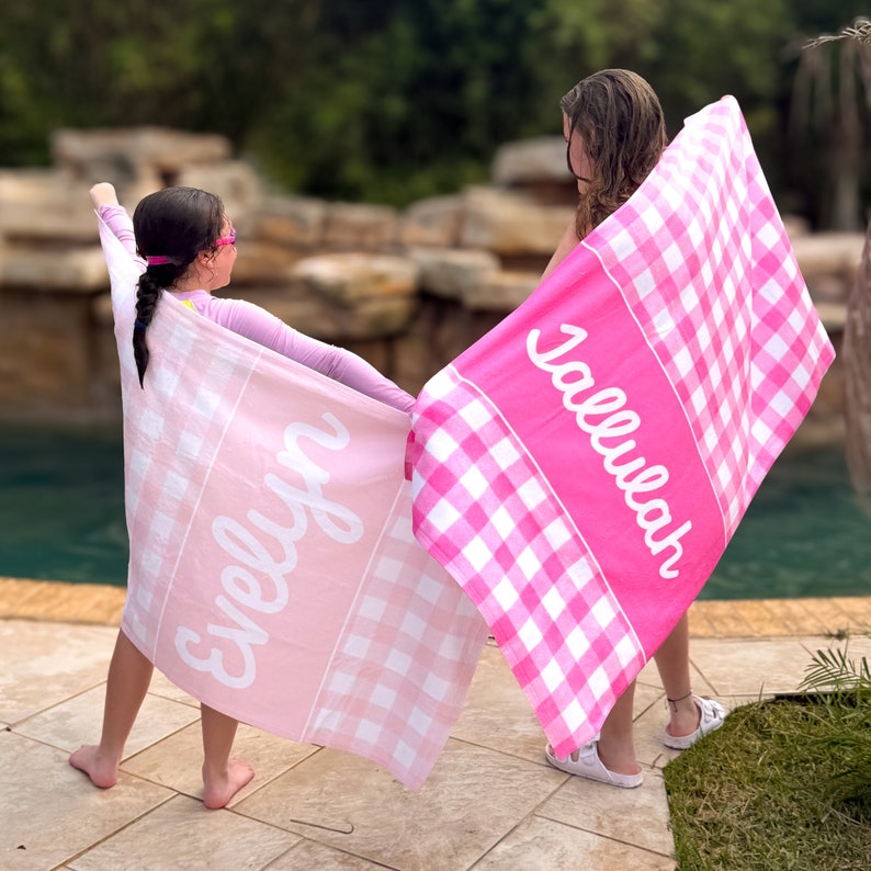 Gingham Beach Towel Personalized  For Kids, Custom Beach Towel, Name Bath Towel, Kids Birthday Gift,  Pool Towel, Preppy Beach Towel For Kid